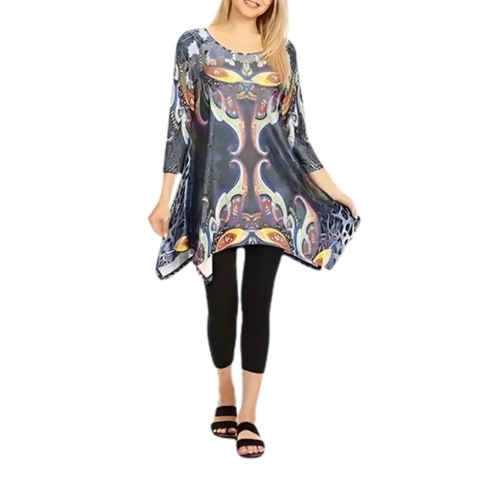 White Mark Paisley Tunic Top Scoop Neck 3/4 Sleeve Asymmetrical Gray Women's 3XL